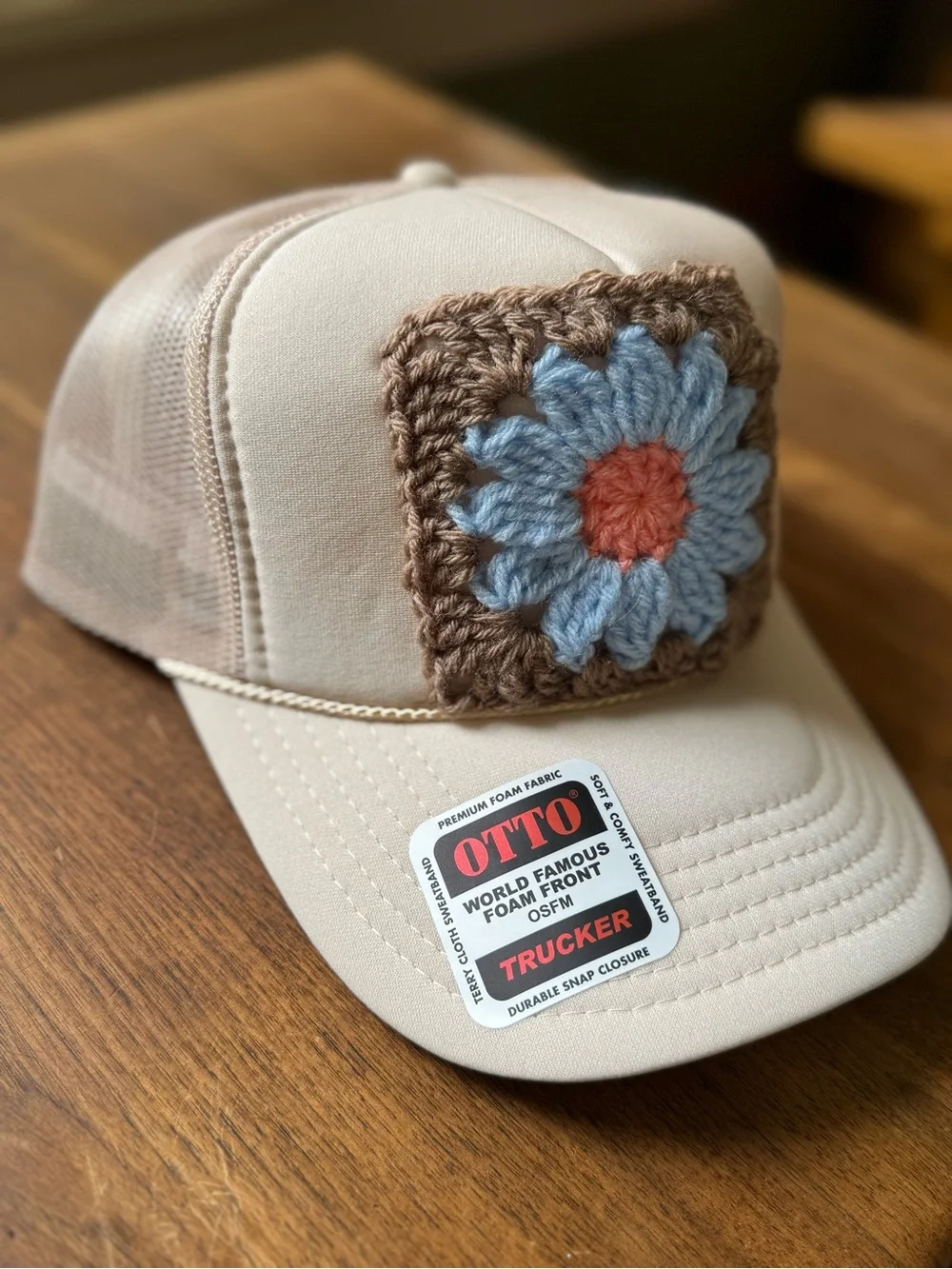 OTTO Cream Trucker Hat with Handmade Crochet Floral Granny Square Patch NWT